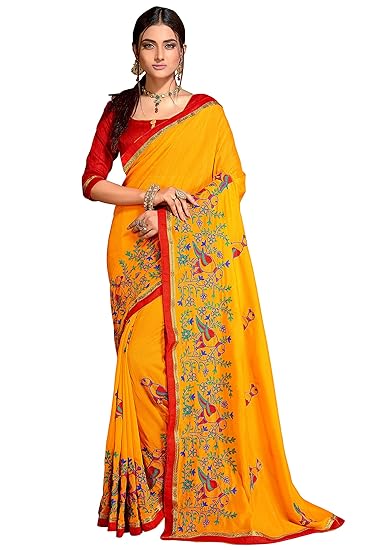 Womens Silk Blend Saree With Blouse Piece (sparrow101_Yellow)