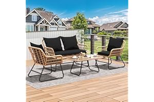 YITAHOME 4-Piece Patio Furniture Wicker Outdoor Bistro Set, All-Weather Rattan Conversation Loveseat Chairs for Backyard, Balcony and Deck with Soft Cushions and Metal Table, Light Brown+Black