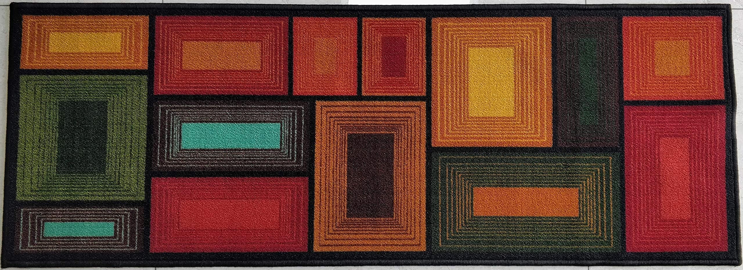 Area Rug Non-Slip J3507A 3D Brown Blocks Colourful Polyester Carpet Rectangular Floor Mat for Lounge Bedroom Bedside Landing Runner 137 x 49 cm