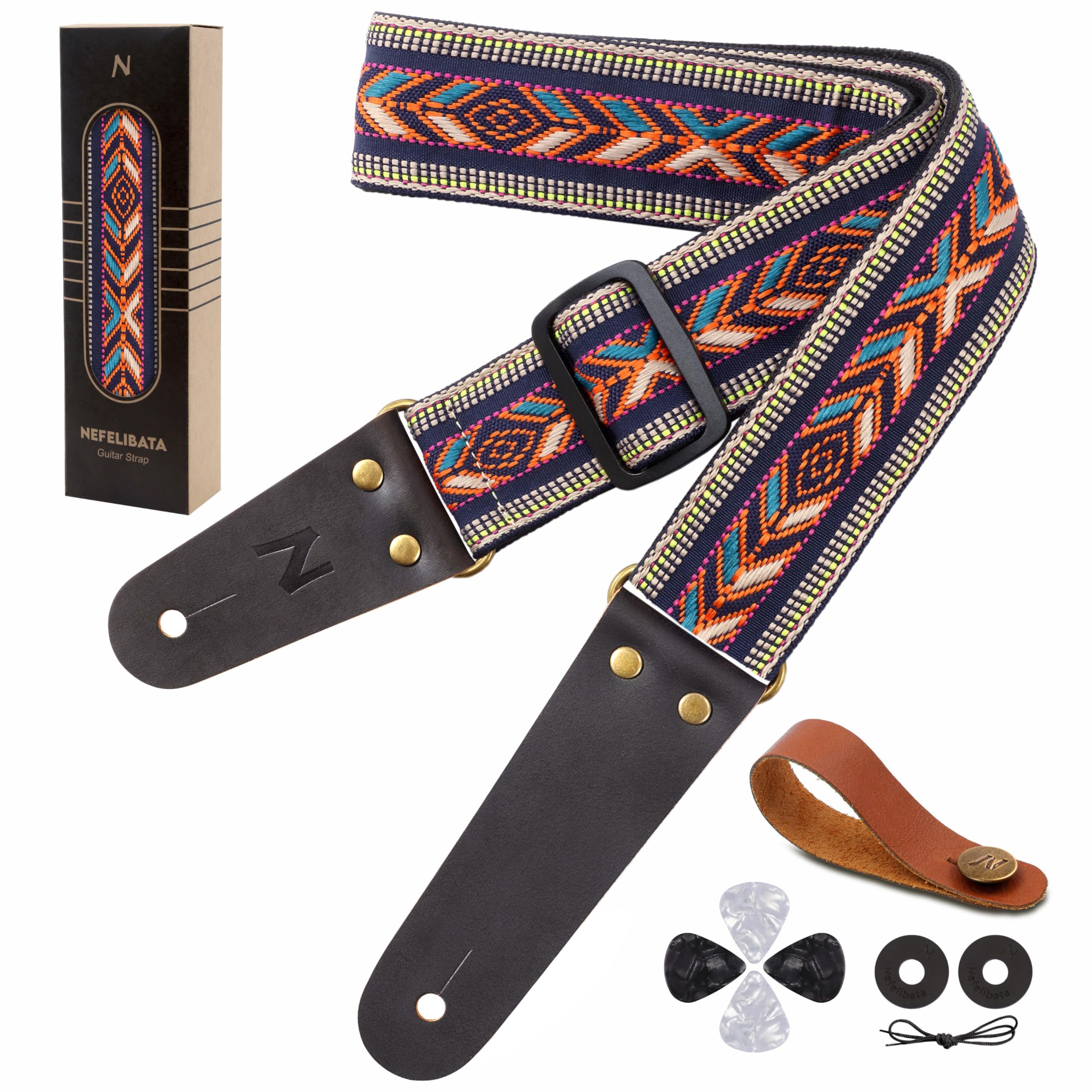 Nefelibata Guitar Strap, Cotton Vintage Embroidered Guitar Straps with Genuine Leather Ends for Bass, Electric, Acoustic Guitars, Free Strap Button, Strap Locks and Guitar Picks
