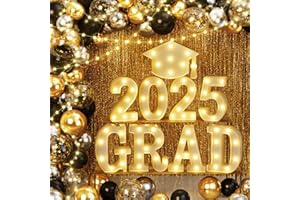 QINLINE 2025 Graduation Decorations, 79 PCS Graduation Party Supplies with 9 LED Marquee Light Up Letter Sign “GRAD 2025” & Cap, Balloon Garland Kit for Outdoor Indoor Room Wall Table Grad Decor - Black Gold