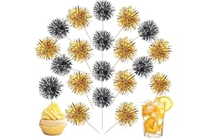 ZHUOWEISM 40 PCS Foil Firework Cupcake Toppers Sparkle Tinsel Cupcake Picks Fireworks Birthday Party Decorations Cocktail Fruit Toothpick for Birthday Wedding Graduation Party Decorations Supplies Black Gold