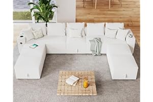 PaPaJet Sectional Sofa, 138 Inch Modular Sectional Sofa with 2 USB Ports & Cup Holders, 9 Seats U Shaped Couch with Storage, Ottomans, 7 Pieces Set White Bouclé Sofa Couch