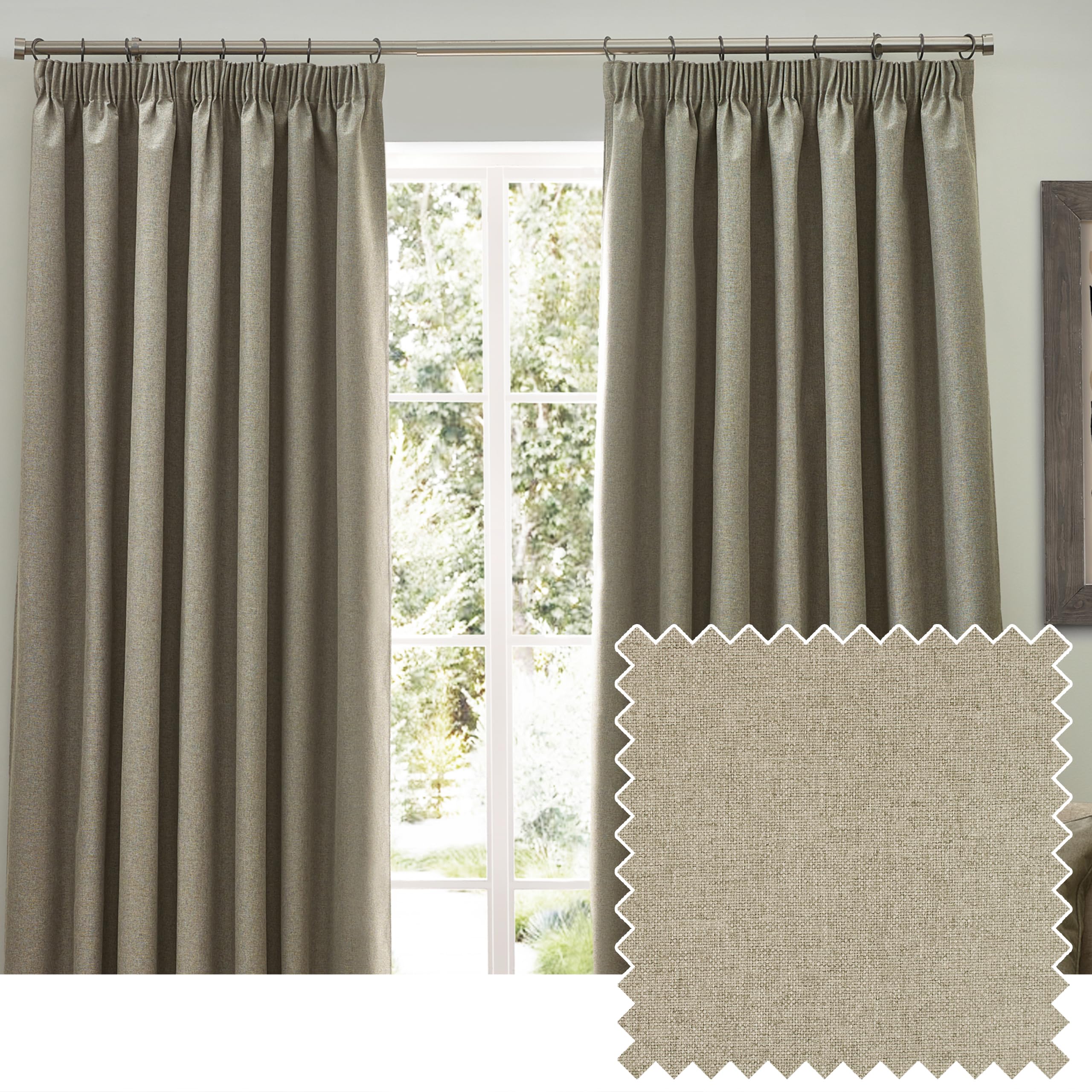 furn. Dawn Textured Blackout Pencil Pleat Curtains – Thermal Lined Pair (Natural - Width 117 x Drop 137cm)