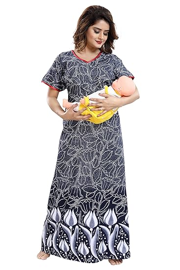 Women's Cotton Feeding/Maternity Nighty (LTC0062, Blue, Large)