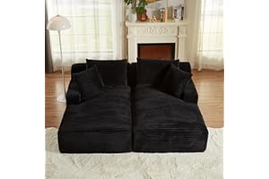 Keainvren Oversized Double Chaise Lounge Chair Indoor Fluffy Upholstered Corduroy Sofa Bed with Throw Pillows Comfy Sleeper Deep Seat Sectional Loveseat Sofa Couch for Living Room (Black)