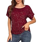 PrettyGuide Women's Sparkly Sequin Tops Short Sleeve Glitter Loose Party Shirt Blouse Boat Neck Dressy Top