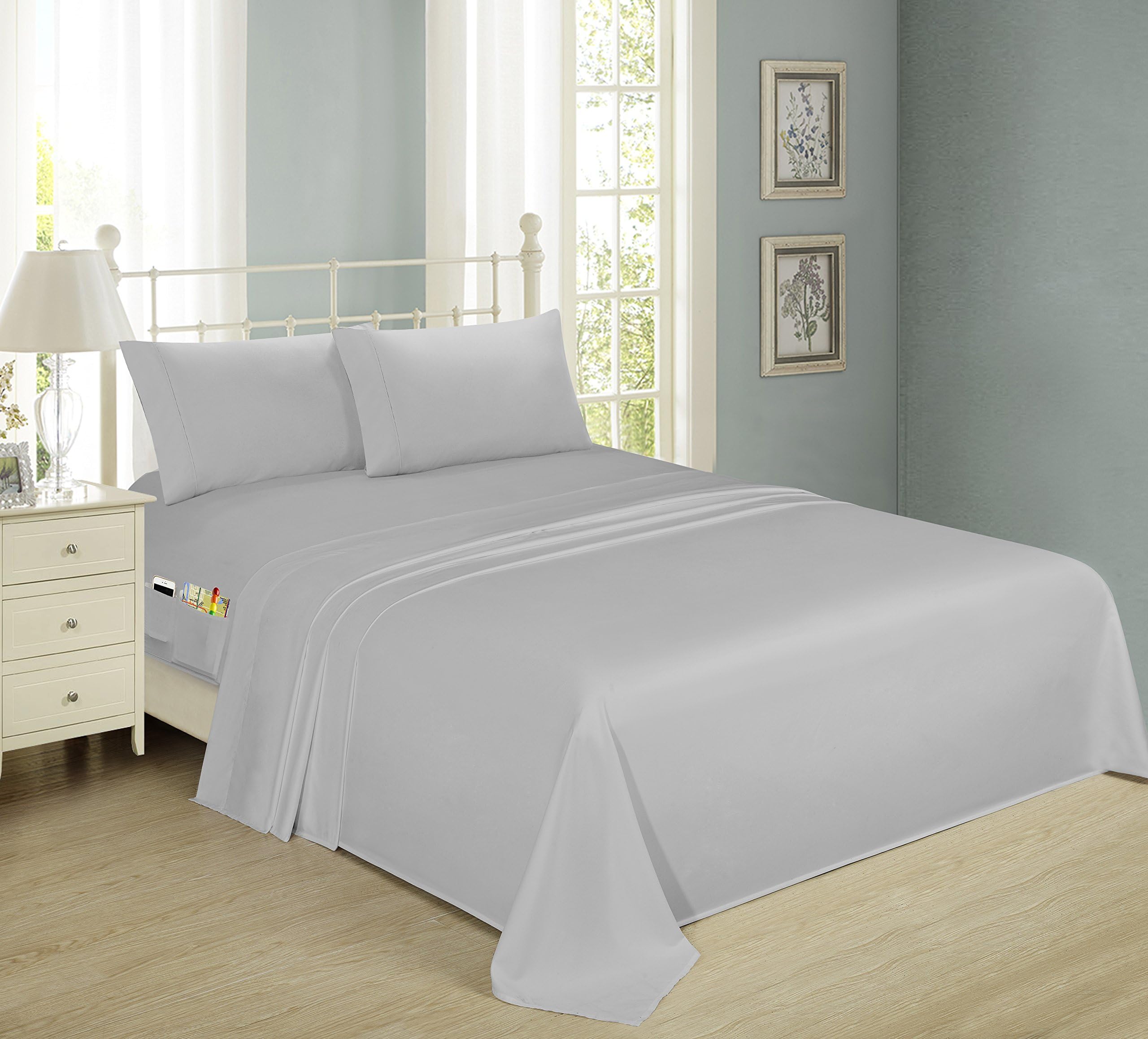 Swift Home Smart Sheets, Ultra Soft Brushed Microfiber 4-Piece Sheet Set, Fitted Bed Sheet with Side Storage Pockets – Silver, QueenOEKO-TEX STANDARD 100