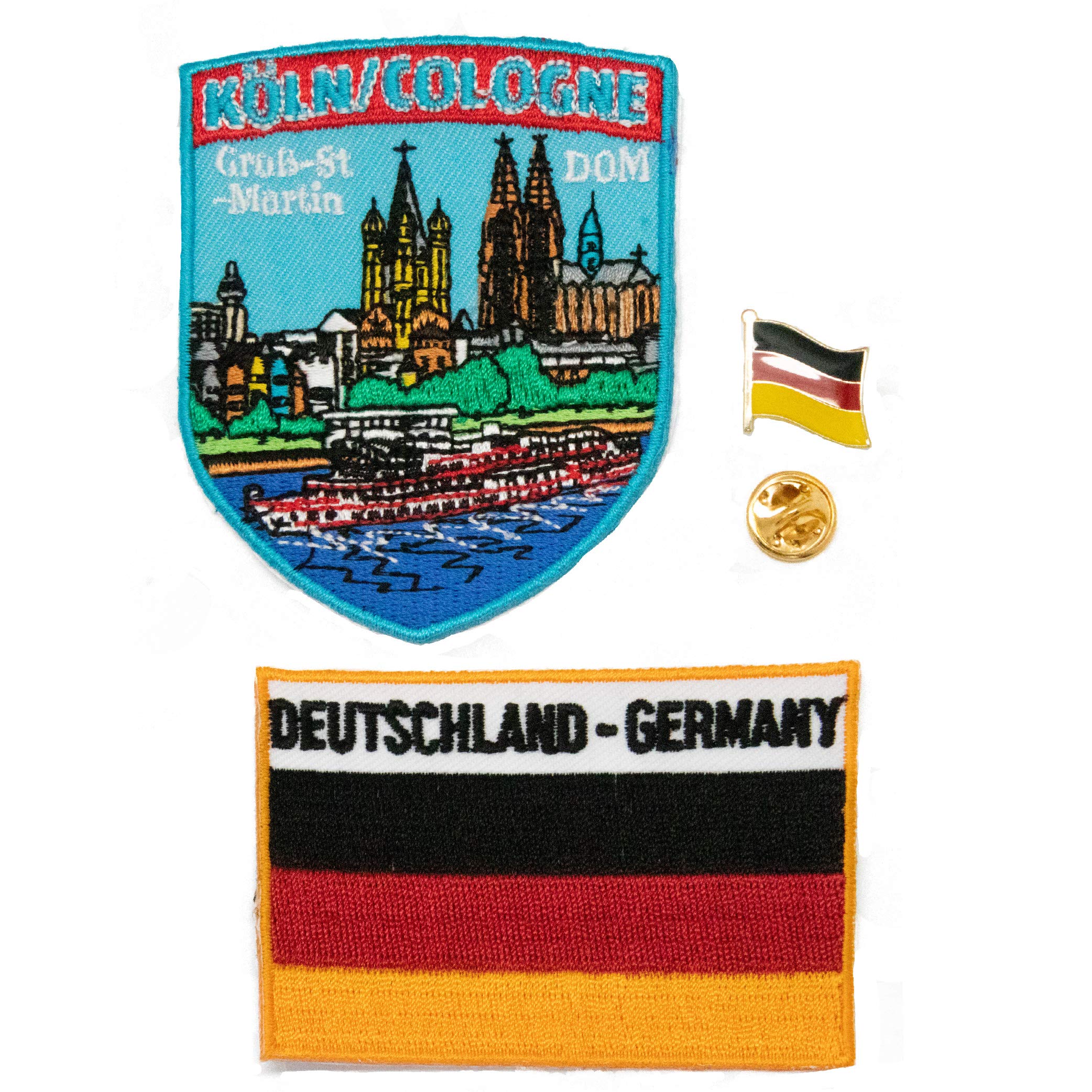 A-ONE 3 PCS Pack- Germany Cologne Shield Patch+ Germany Flag Embroidery Patch+ Deutschland Flag Badge, Köln Landmark Patch, Germany Emblem Pin No.047B