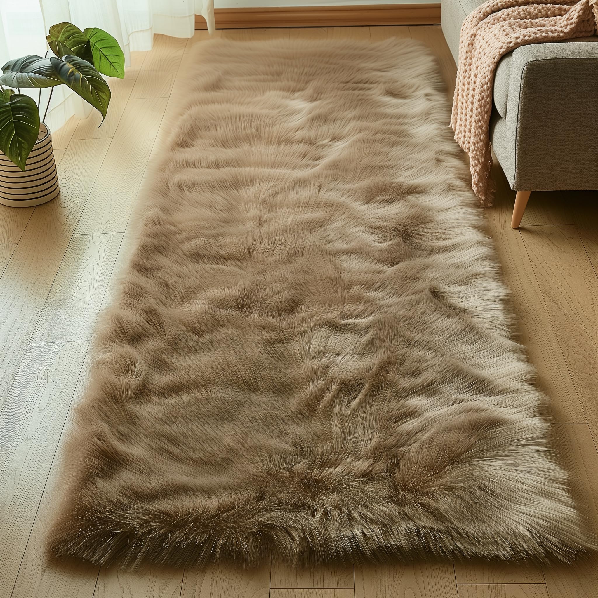 Photo 1 of Goolela Furry 2x6 Fluffy Faux Sheepskin Beige Washable Shag Rug for Living Room Bedroom Sofa Cute Room Decor Rectangle