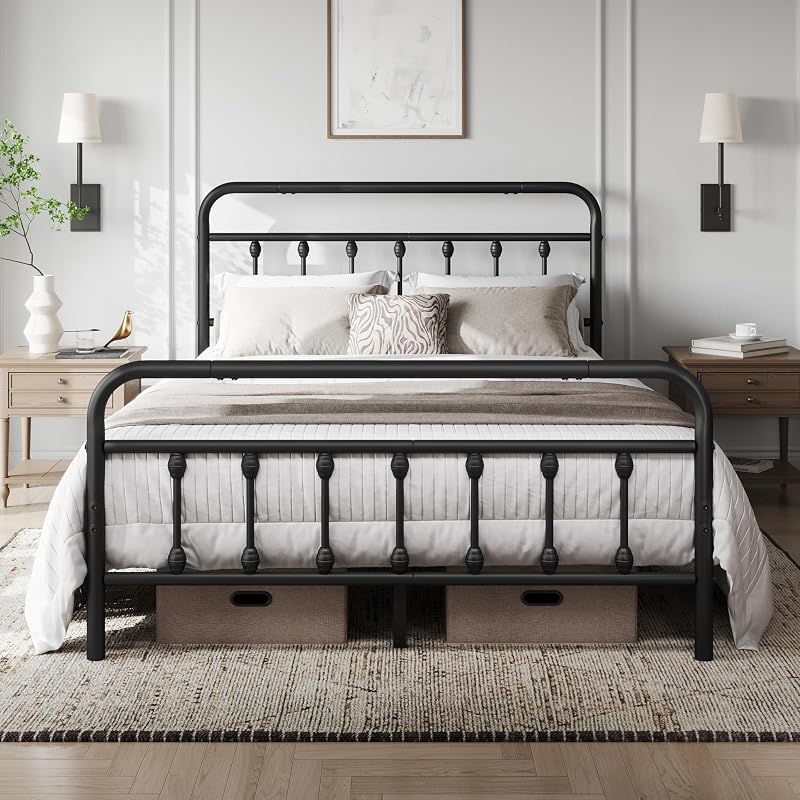 Yaheetech 4ft6 Double Bed Frame Vintage Iron Platform Bed with Storage Black