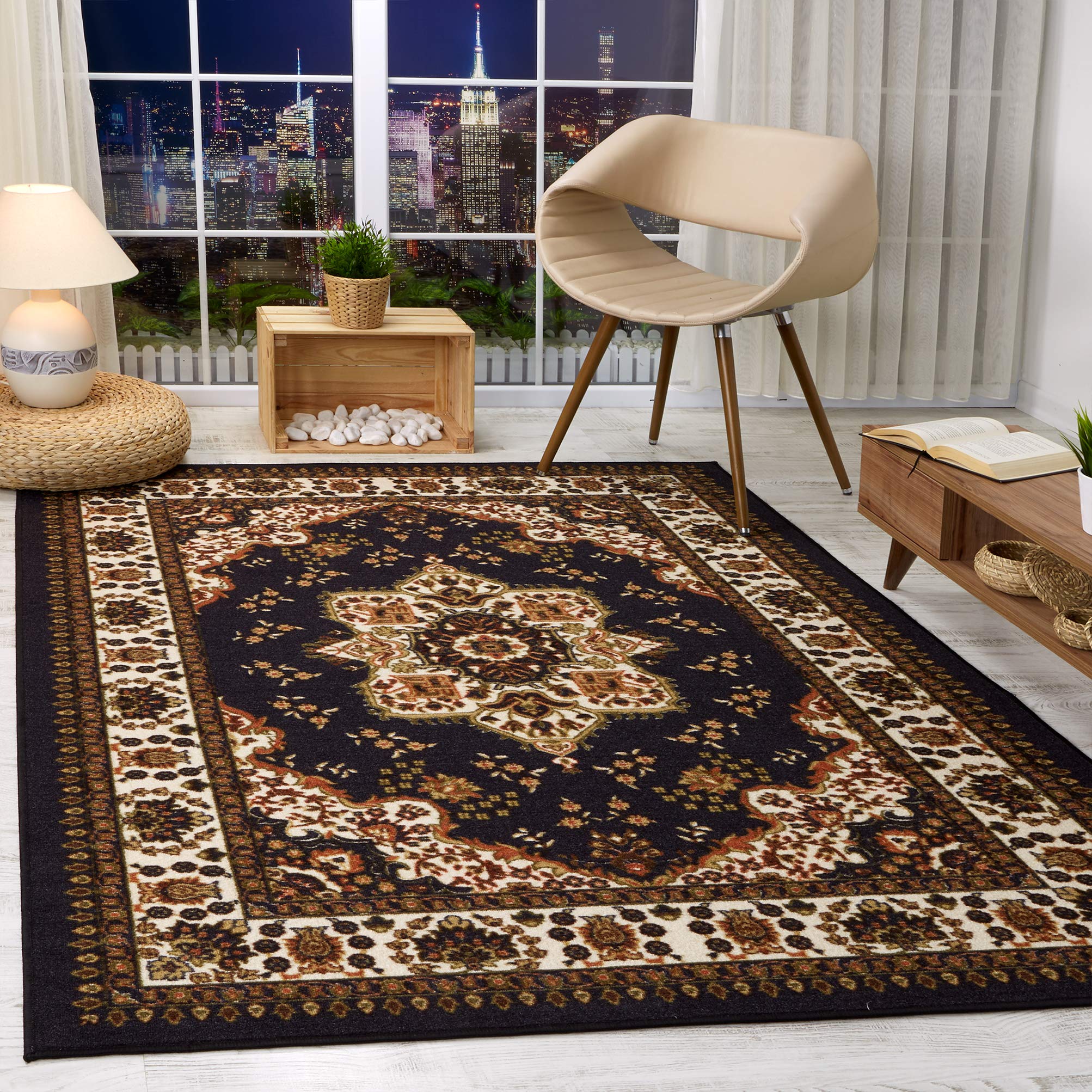 Photo 1 of Antep Rugs Alfombras Oriental Traditional 3x5 Non-Skid (Non-Slip) Low Profile Pile Rubber Backing Indoor Area Rugs (Black, 3' x 5')