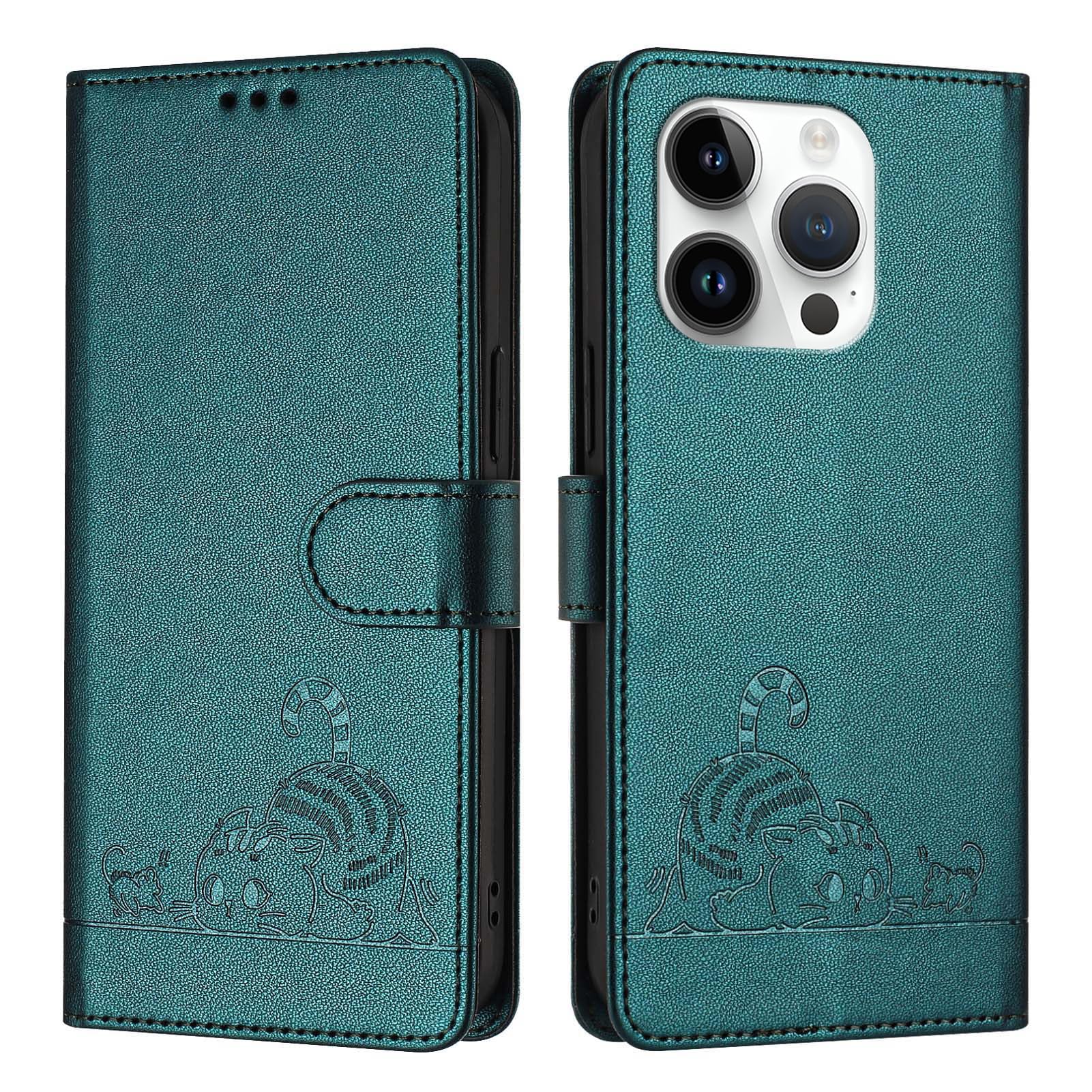 ScandiCasis iPhone 15 Pro Max Flip Case, Cat Pattern Leather Cover with [Card Slots] [RFID] [Wallet] [Kickstand] Shockproof Case, Peacock Green