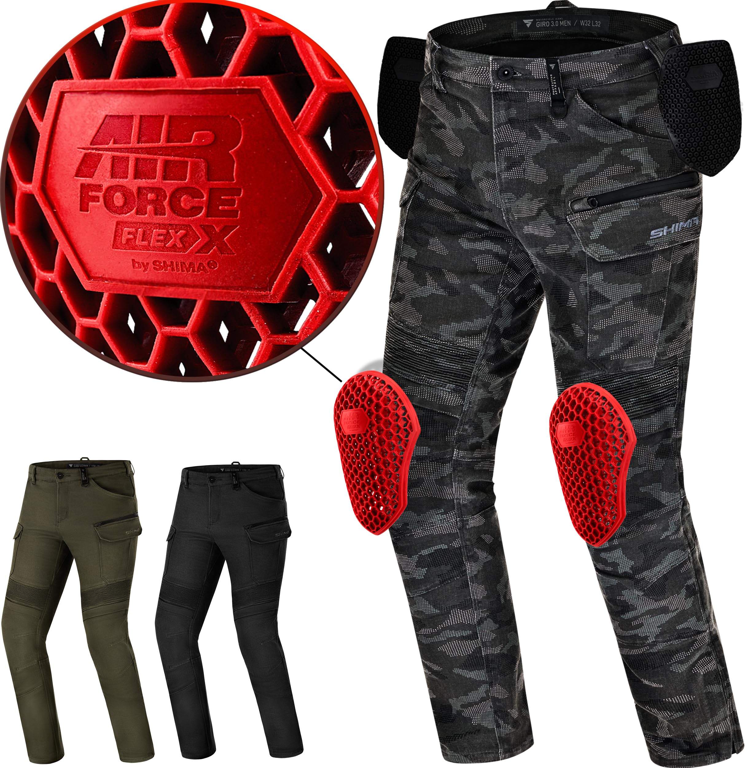 SHIMA Giro 3.0 Motorrad Hose Herren mit Protektoren AirForce Knieprotektoren Motorradhose Kurzgrößen Hosen für Mann Protektorenhose Textilhose Urban Stretch Cargohose Lang (Männer, Camo, 32/34)