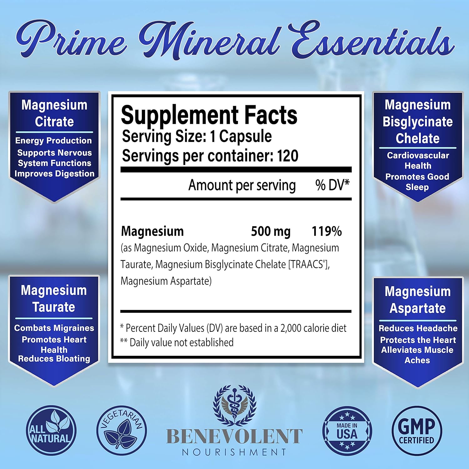 Magnesium Complex 500mg - Magnesium Citrate, Oxide, Taurate, Bisglycinate Chelate TRAACS - Max Absorption Supplement for Sleep, Leg Cramps, Muscle Relaxation, Headaches - 120 Vegan, Non-GMO Capsules: Health & Personal Care