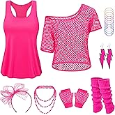 Yuriko Women 80s Outfit Party Costumes Fishnet Neon Off Shoulder T-Shirt Two Pieces With 80s Fancy Dress Costume Accessories