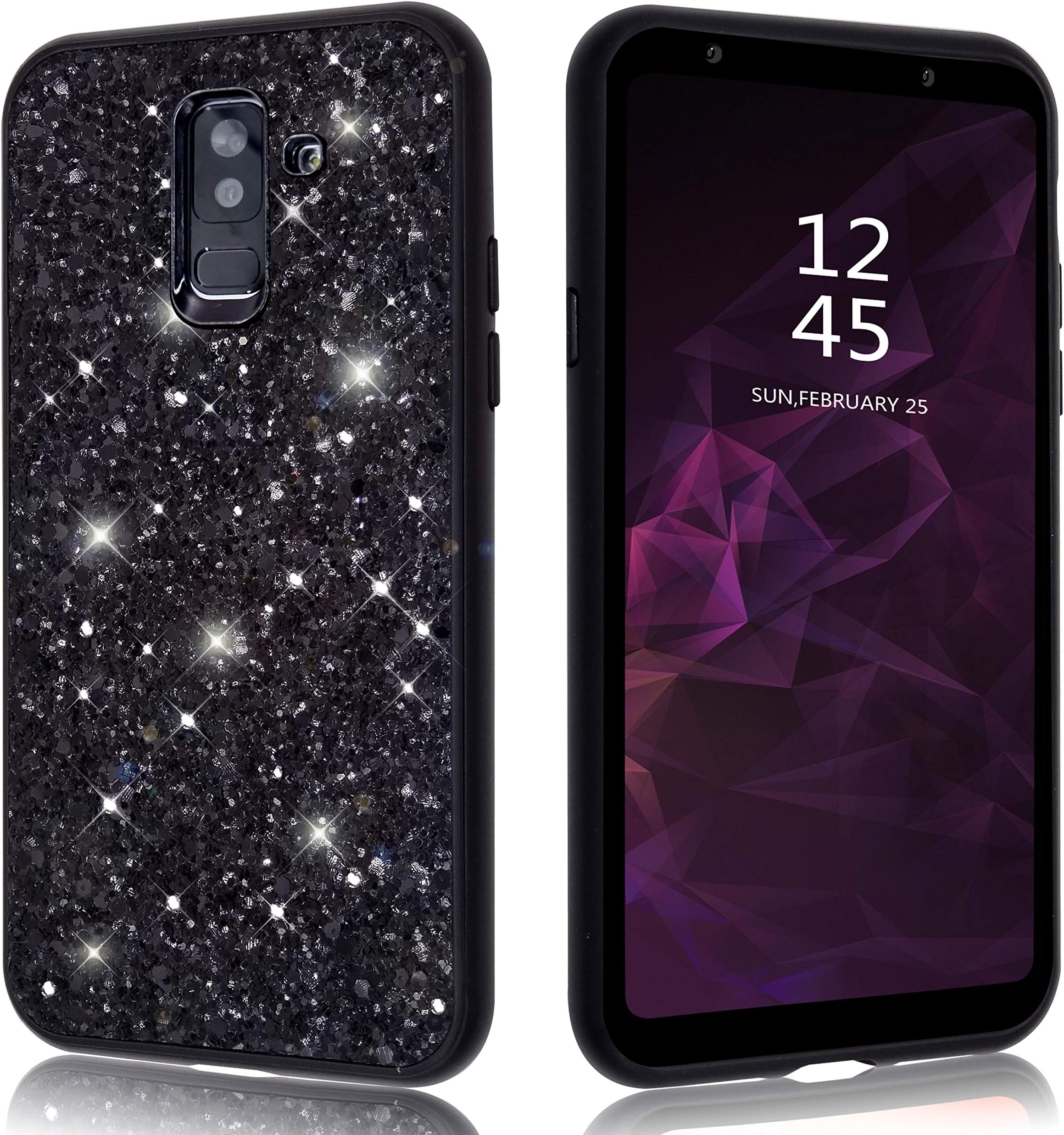 Samsung Galaxy A6 Plus Case Glitter Shiny Bling Sequin Sparkle Diamond Hard Luxury Thin Soft Cute Girl Women Phone Cover for Samsung Galaxy A 6 + (2018) (Black, Samsung Galaxy A6Plus / A6+)