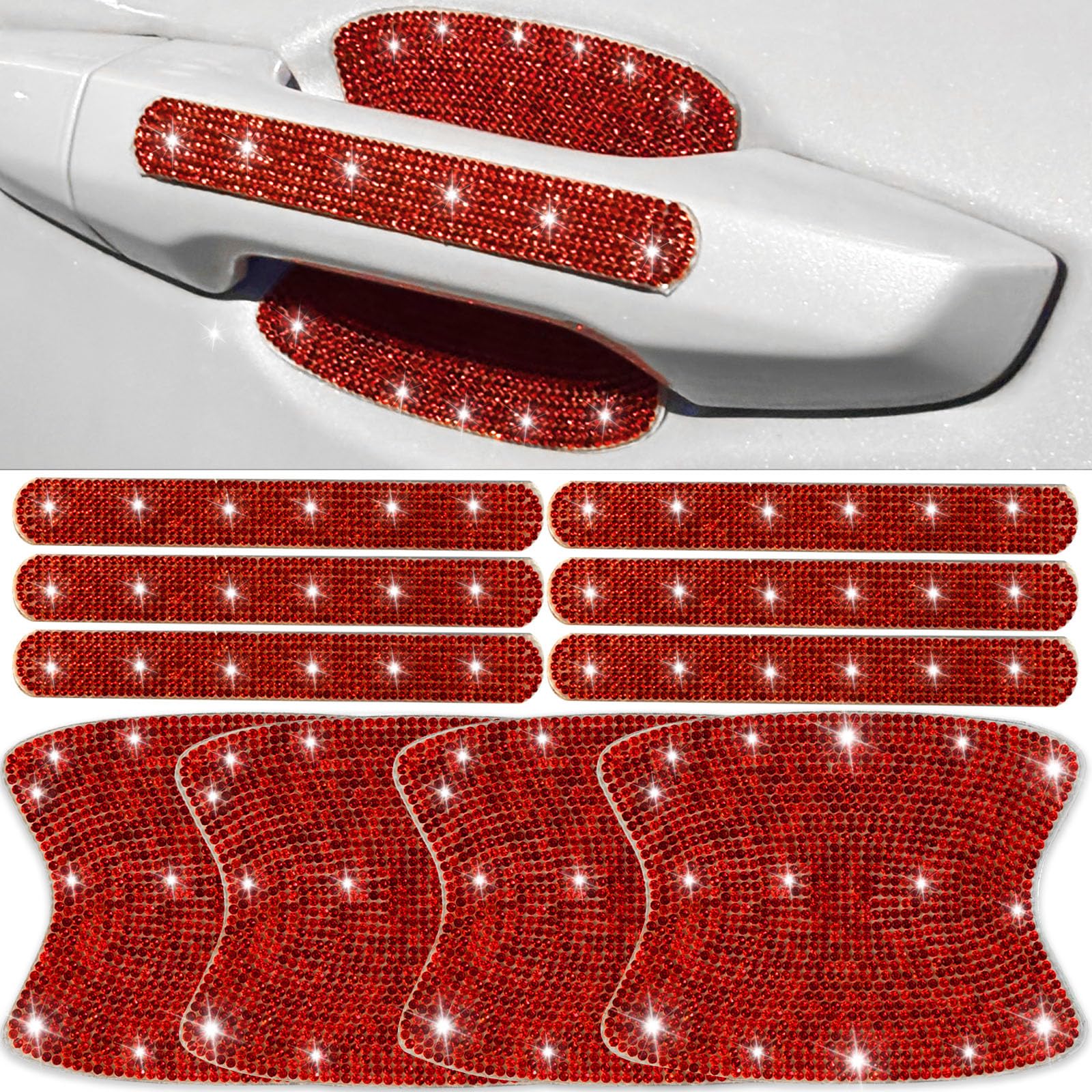 Photo 1 of 10 pcs Bling Diamond Car Door Handle Stickers, Bling Car Accessories for Women, Universal Rhinestone Crystal Glitter Door Handle Protector Stickers and Decals, Scratch Safety Reflective (Red)