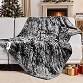 WOOMER Heated Blanket Throw 50" x 60", Electric Blanket Throw with 4 Heating Levels & 4H Auto Off, ETL Certified, Marble Grey Double-Sided Faux Fur, Over-Heat Protect, Machine Washable