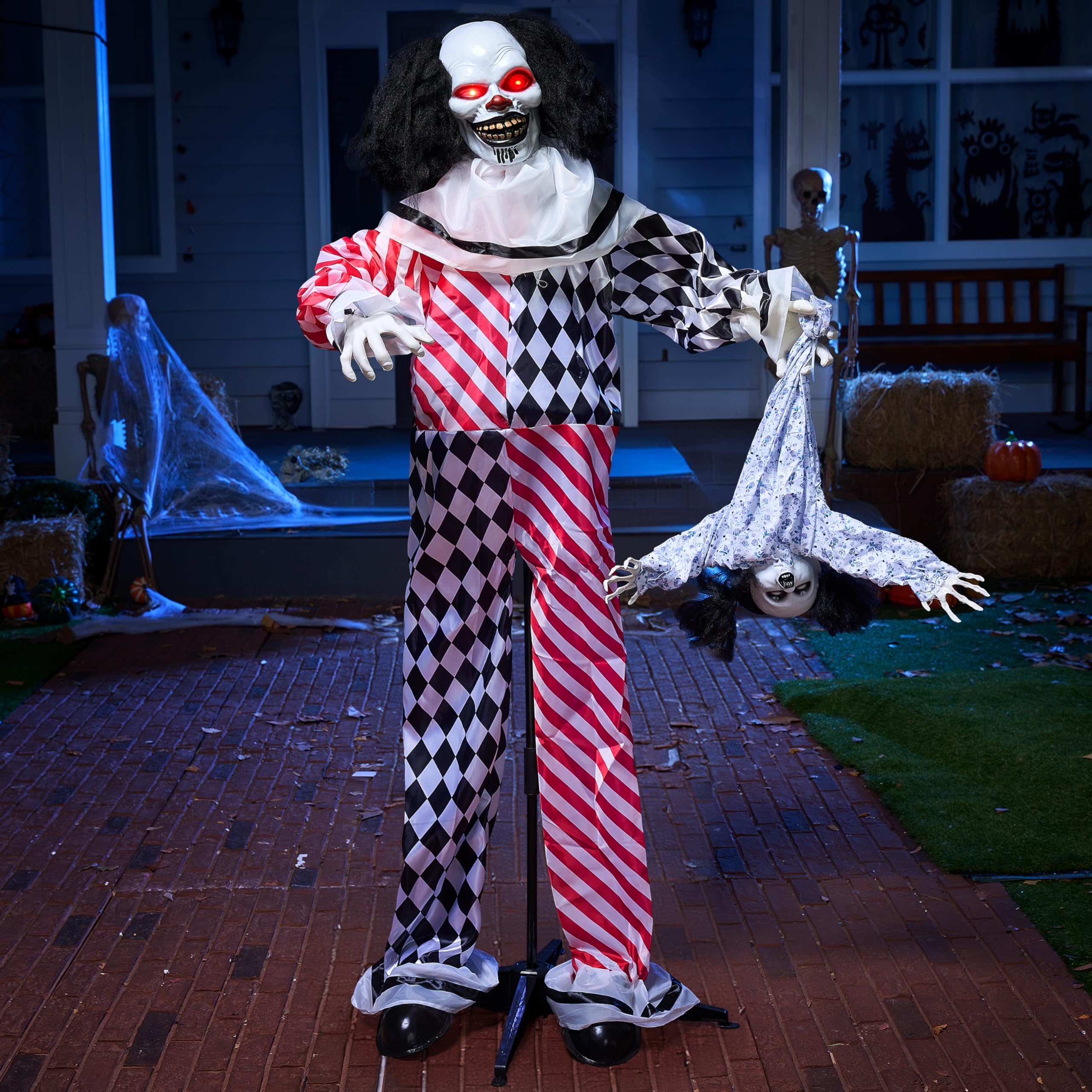 Photo 1 of JOYIN 65" Halloween Animatronics Clown Holding Doll, Life Size Halloween Decoration Outdoor with Motion & Sound & Light, Sound Activated Animated Decor for Party Supplies Haunted House Yard Lawn