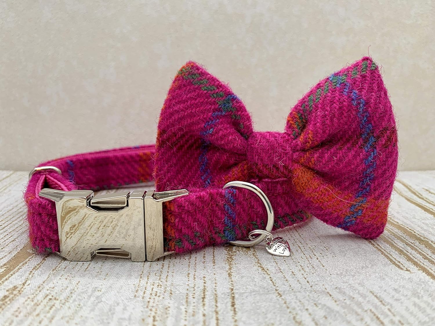 (Iona) Harris Tweed Dog Collar with detachable Bow Tie Cerise Pink