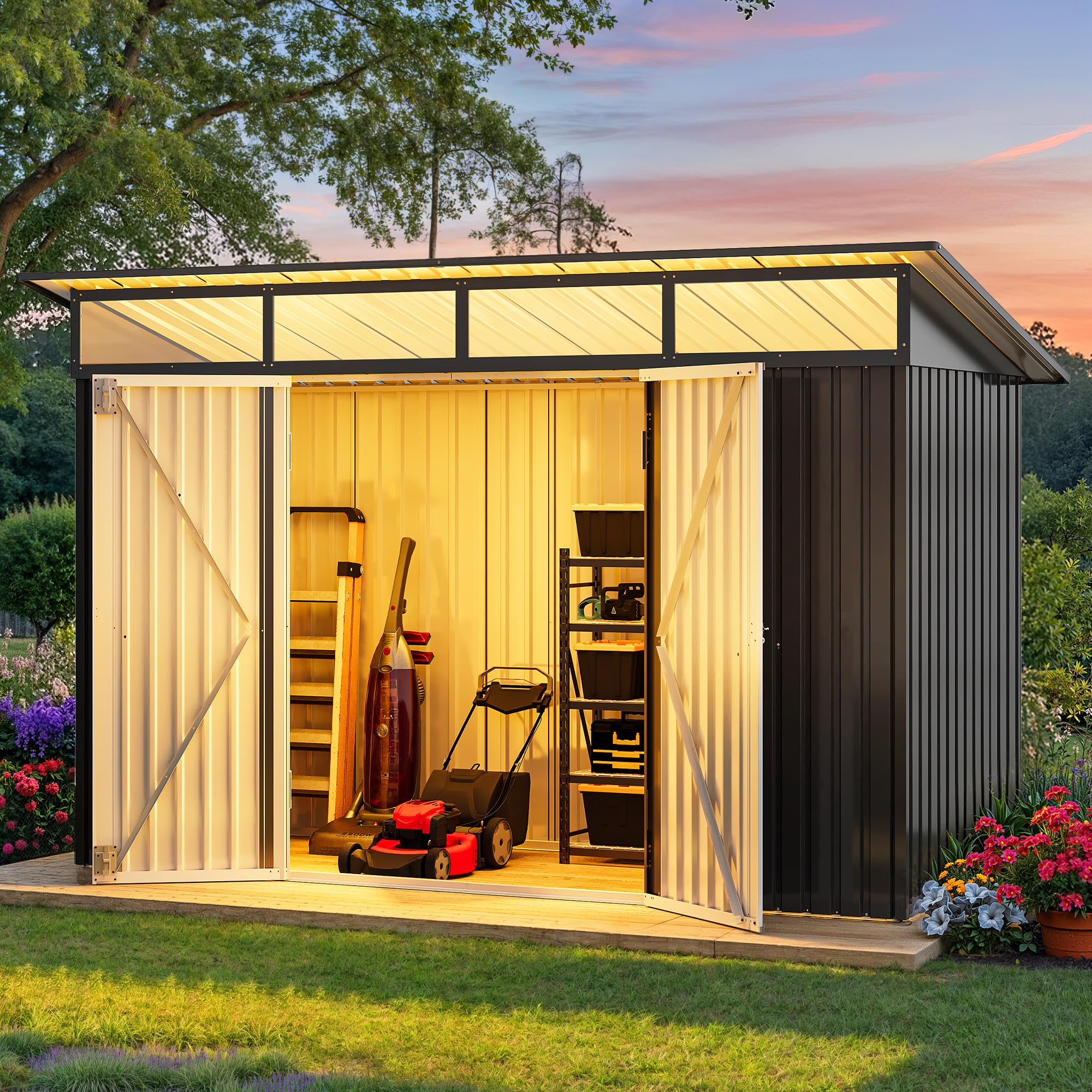 Photo 1 of *SELLING FOR PARTS AS PARTIAL SET. ONE BOX OF TWO**DWVO 9x4 FT Outdoor Storage Shed with Acrylic Windows, Utility Tool Shed Metal Storage Garden Shed with Door & Lock for Bike Storage, Waterproof Trash Shed for Backyard Garden Patio, Dark Dray