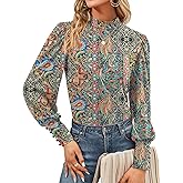 Qirno Womens Mock Neck Puff Long Sleeve Tops Casual Loose Solid Basic T Shirt Button Cuffs Pullovers Shirts Blouse