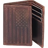 Bamsu Trifold Wallet for Men, Full Grain Cowhide Leather, RFID Blocking, Gifts for Men (Brown with US Flag)