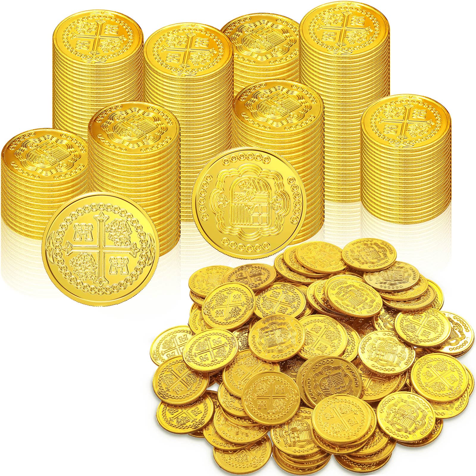 Photo 1 of Chivao 300 Pcs Halloween Coins Plastic Treasure Pirate Coins Toy Carnival Fake Toy Pirate Party Decoration Birthday Adventure Themed Party Favors Supplies(Gold)