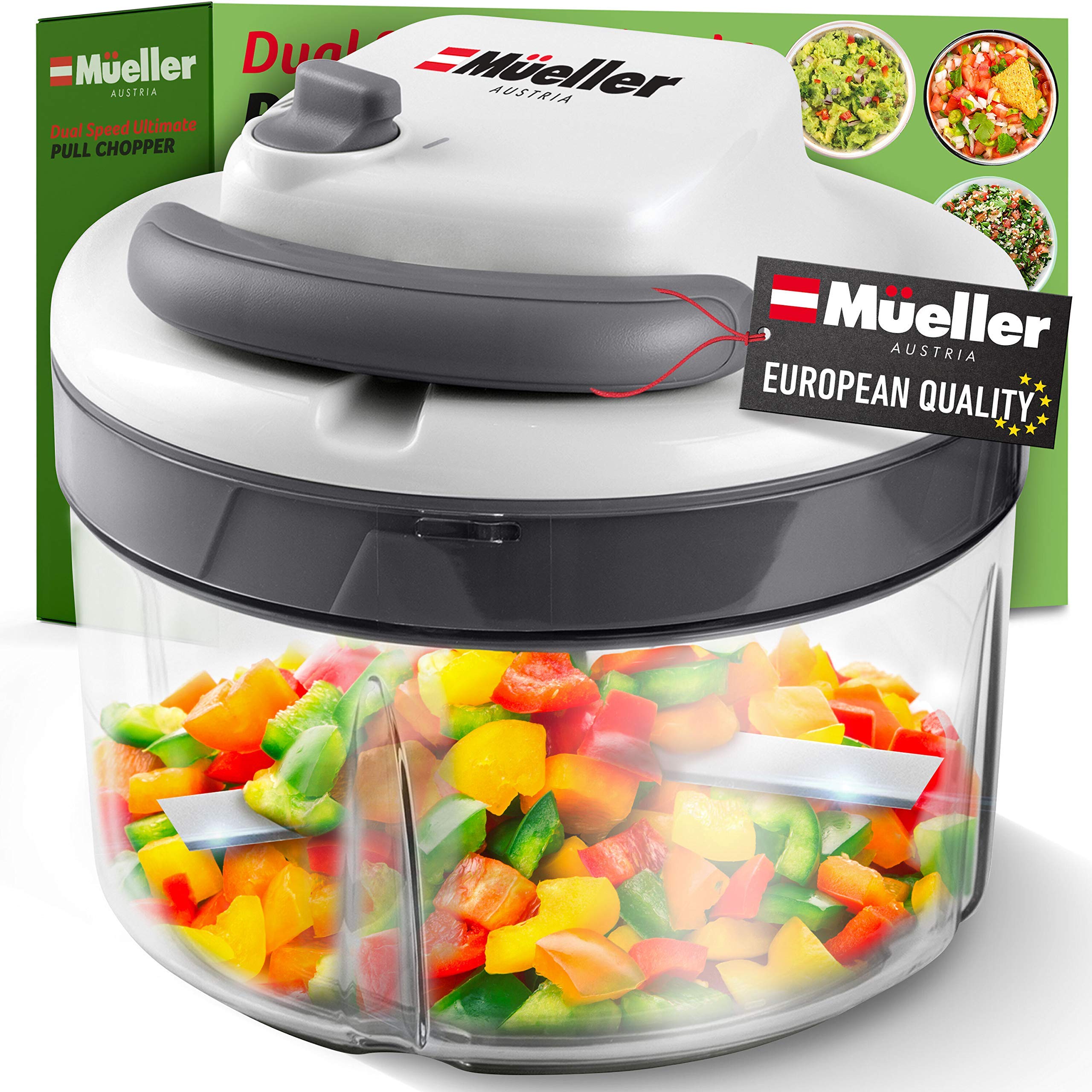Mueller Austria Strongest-and-Heaviest Duty Dual Speed Pull Chopper Vegetable Cutter for Nuts, Garlic and More, Manual Food Processor - Vegetable Slicer and Dicer, 40.5oz No BPA Bowl