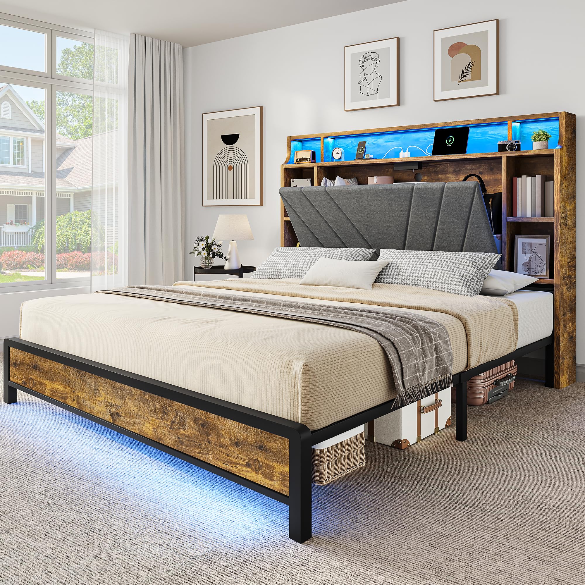 Photo 1 of **NO BOX SPRING NEEDED**YITAHOME Queen Bed Frame with Storage Headboard, Platform Upholstered Bed with LED Lights & Charging Station,- Brown