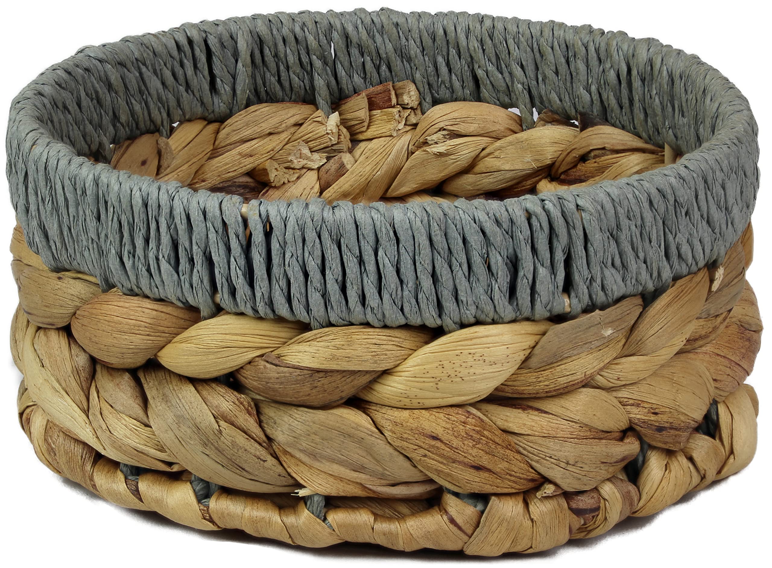 Small Water Hyacinth round baskets for storage Natural colour with grey edges shelves open. Decorative gift box Small bathroom mini tray makeup bathroom Kitchen organiser (Medium 18cm, 1 X Basket)