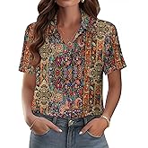 Zeagoo Womens Button Down Blouse Rolled Cuffed Short Sleeve Shirts Casual Work Blouse Summer Hawaiian Outfits