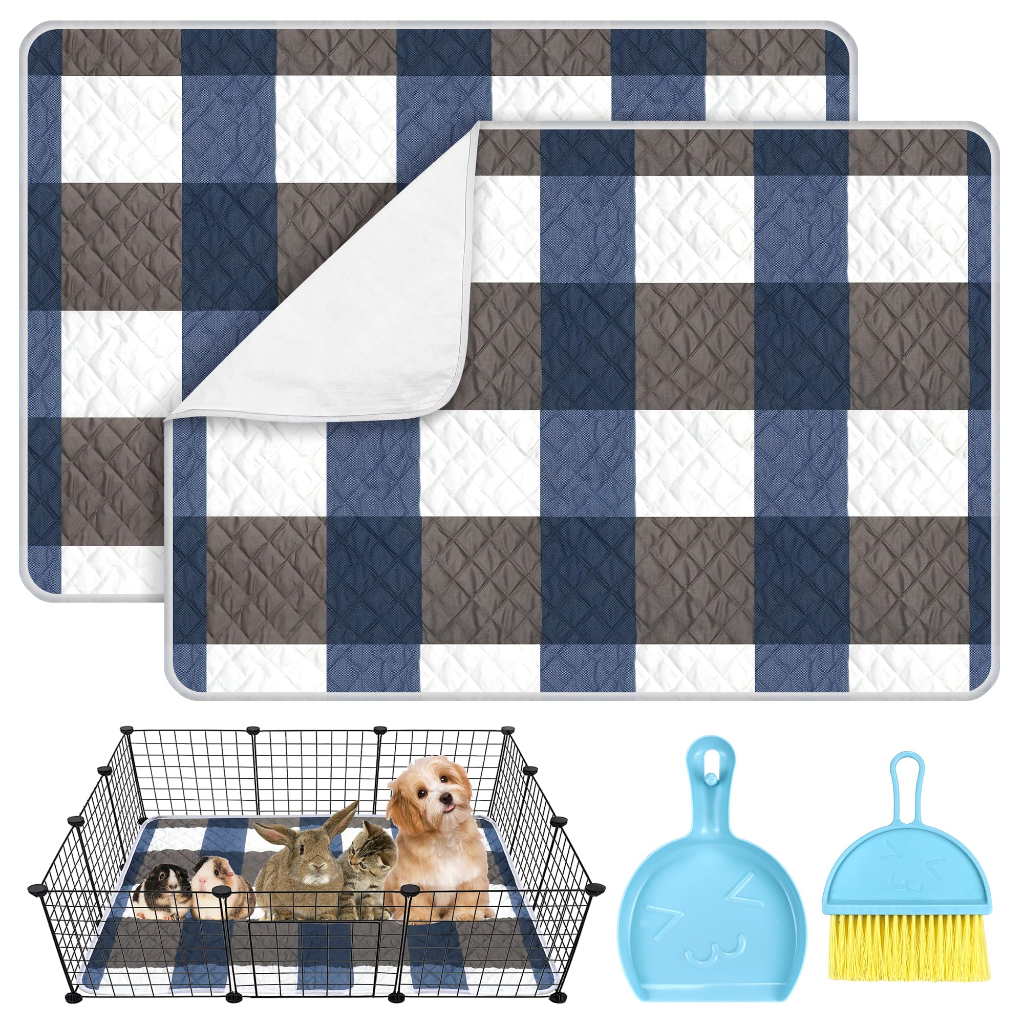 2 Pack Large Guinea Pig Cage Liner with Cleaning Tool Set, Hamster Pee Pad Bedding Washable &Air Dried Pee Pad, Absorbent Rabbit Cage Liner for Small Animals Chinchillas Rabbits Bunny 31''x 47''