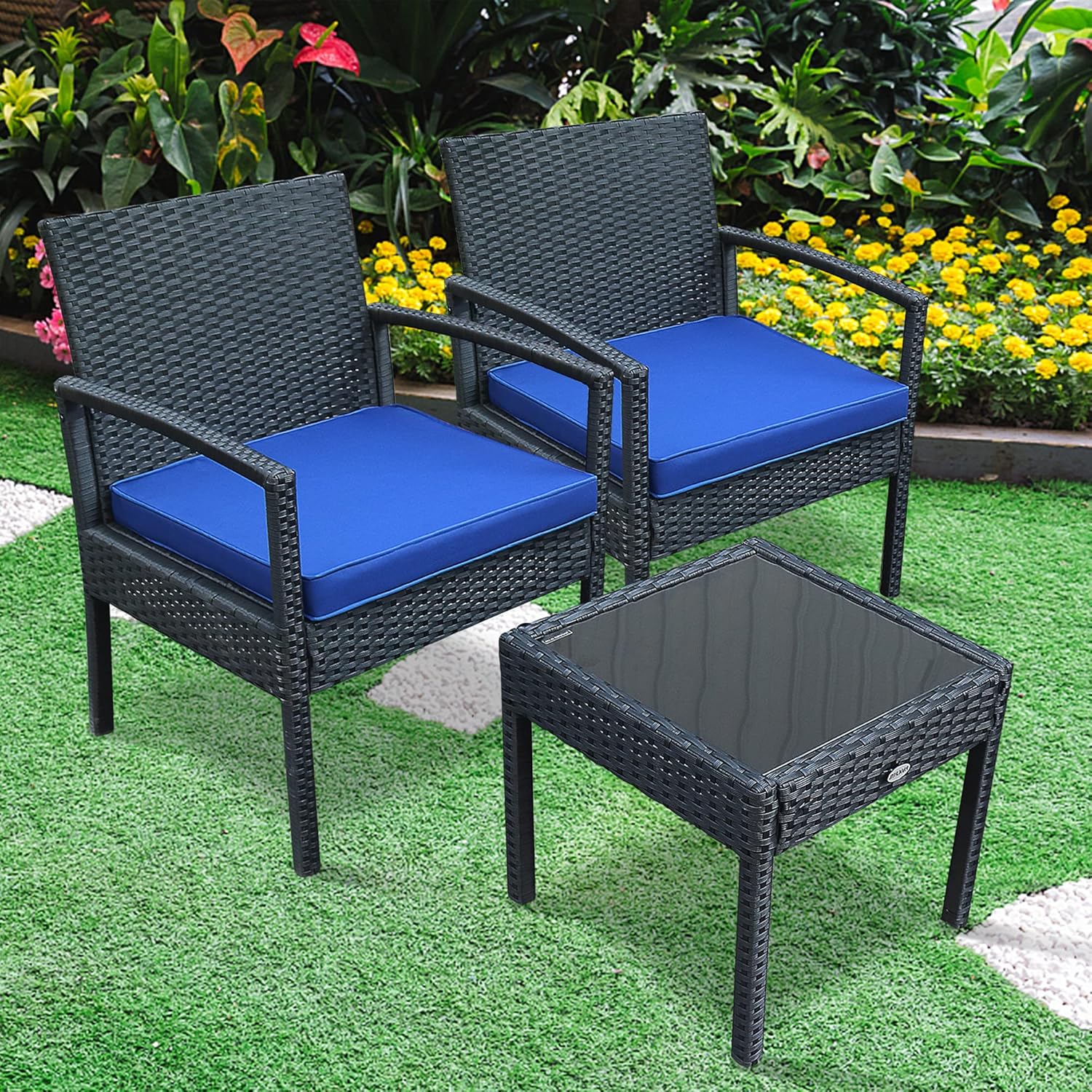 PAOLFOX 3 Pieces Patio Rattan Furniture Set,Outdoor Conversation Set w/Weather Resistant Cushions Tempered Glass Tabletop for Garden, Lawn Pool, Backyard, Poolside (Blue): Garden & Outdoor