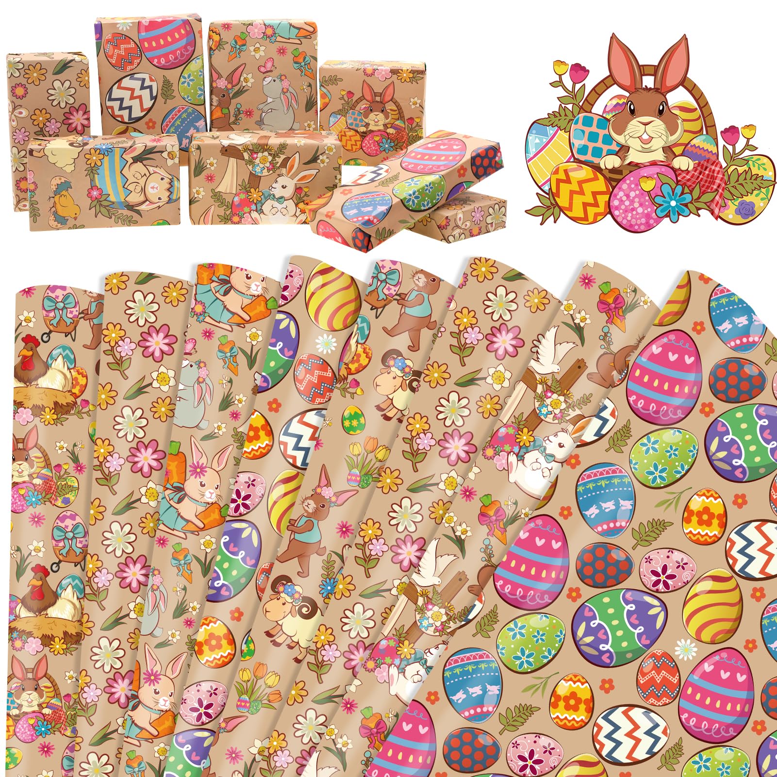 HOWAF 8 Easter Wrapping Paper, Egg Bunny Rabbit Wrapping Paper Spring Easter Gift Wrap for DIY Craft Easter Decorations Spring Decorations, Kraft