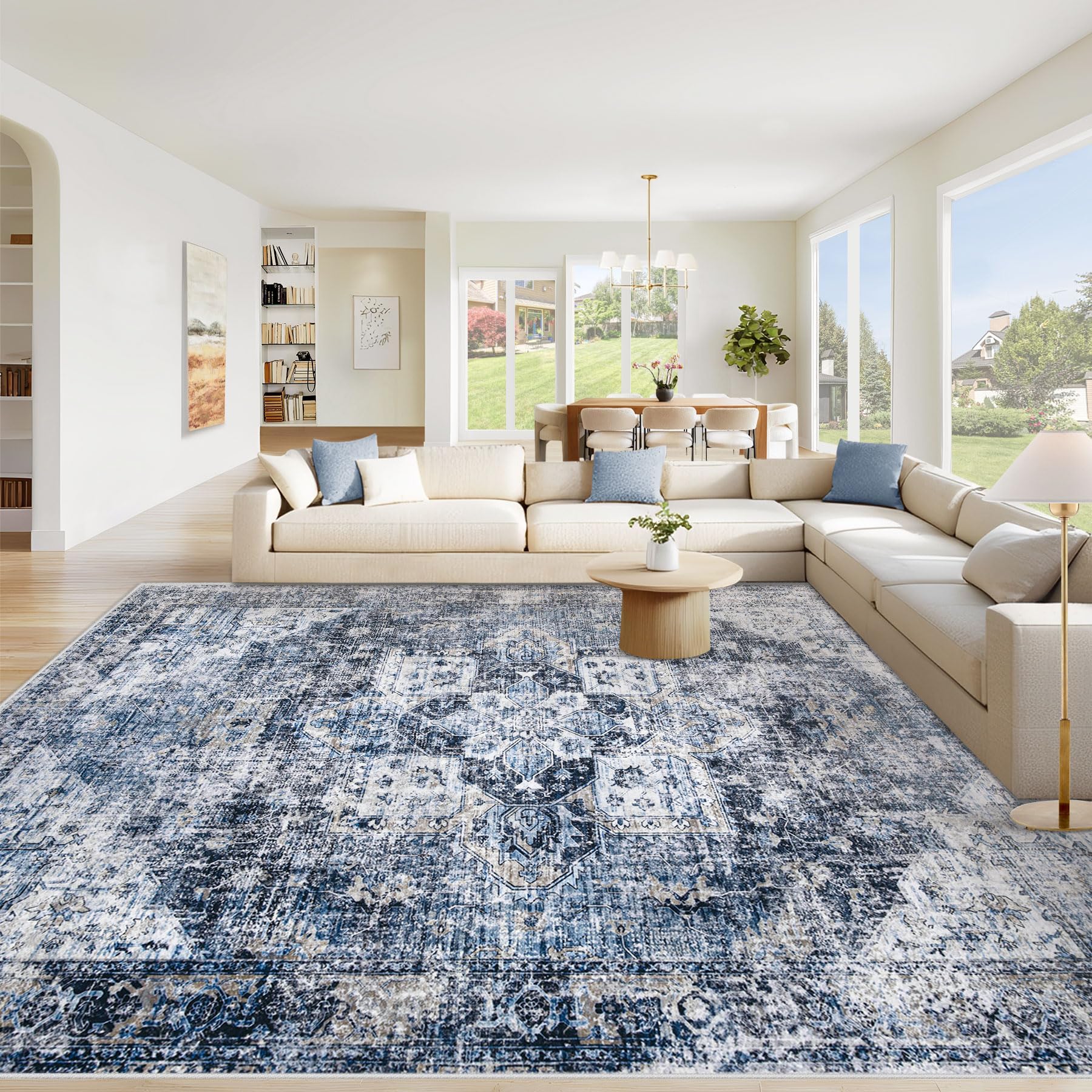 Photo 1 of Area Rug 8x10 Washable Rug, Vintage Boho Medallion Rugs Non-Slip Soft Low Pile Large Distressed Rug Indoor Retro Carpet for Living Room Bedroom Dining Room Home Office (Blue, 8'x10')