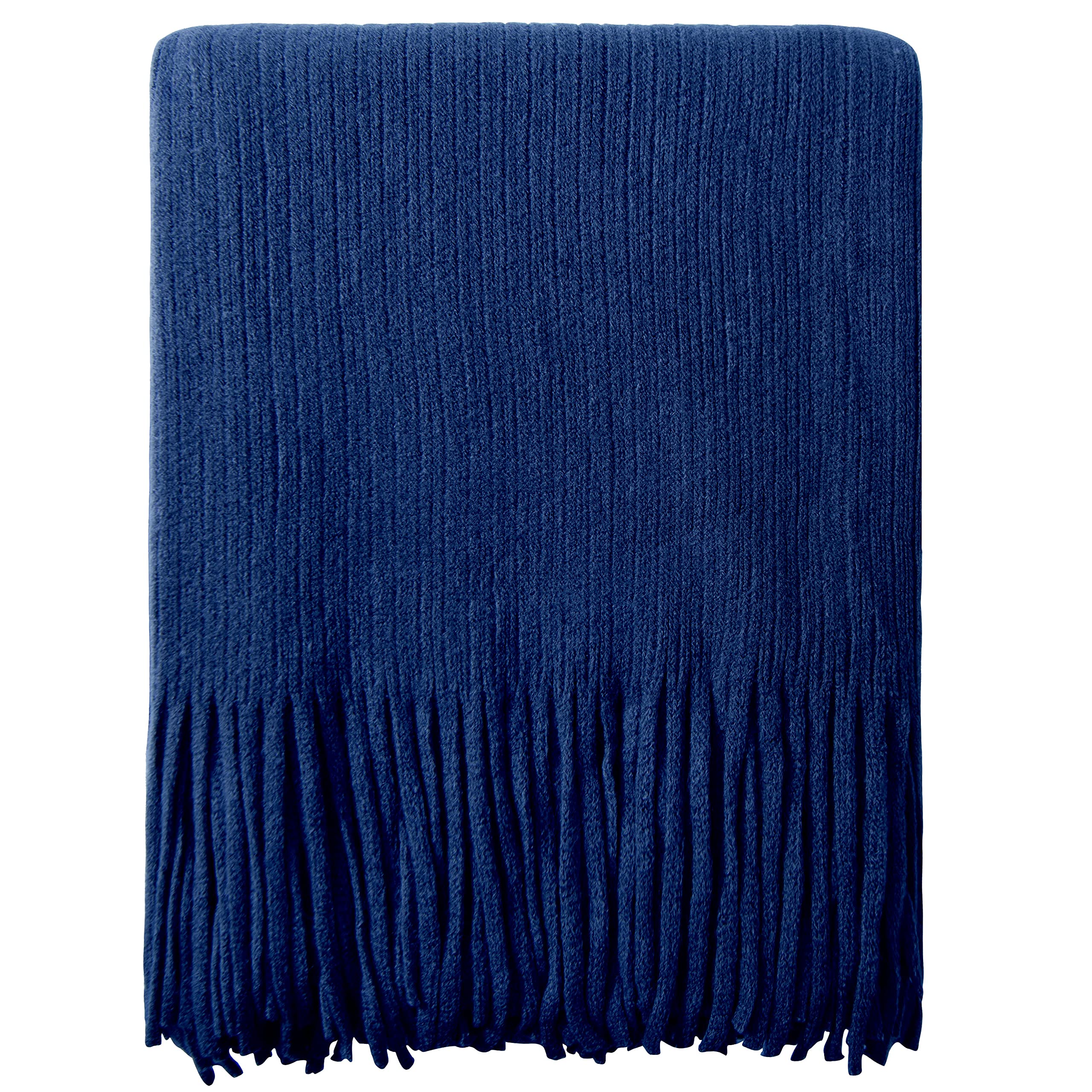 NTBAY Acrylic Knitted Throw Blanket, Lightweight and Soft Cozy Decorative Woven Blanket with 18 cm Tassels for Travel, Couch, Bed, Sofa, 130x170 cm, Royal Blue Striped
