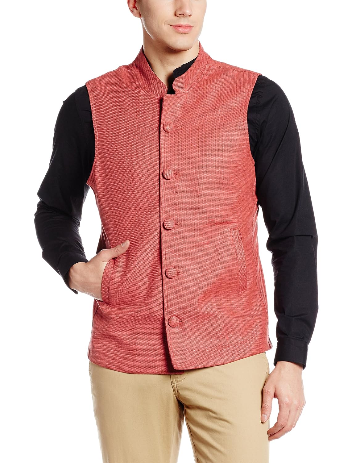 svanik men's banded collar linen waist coat