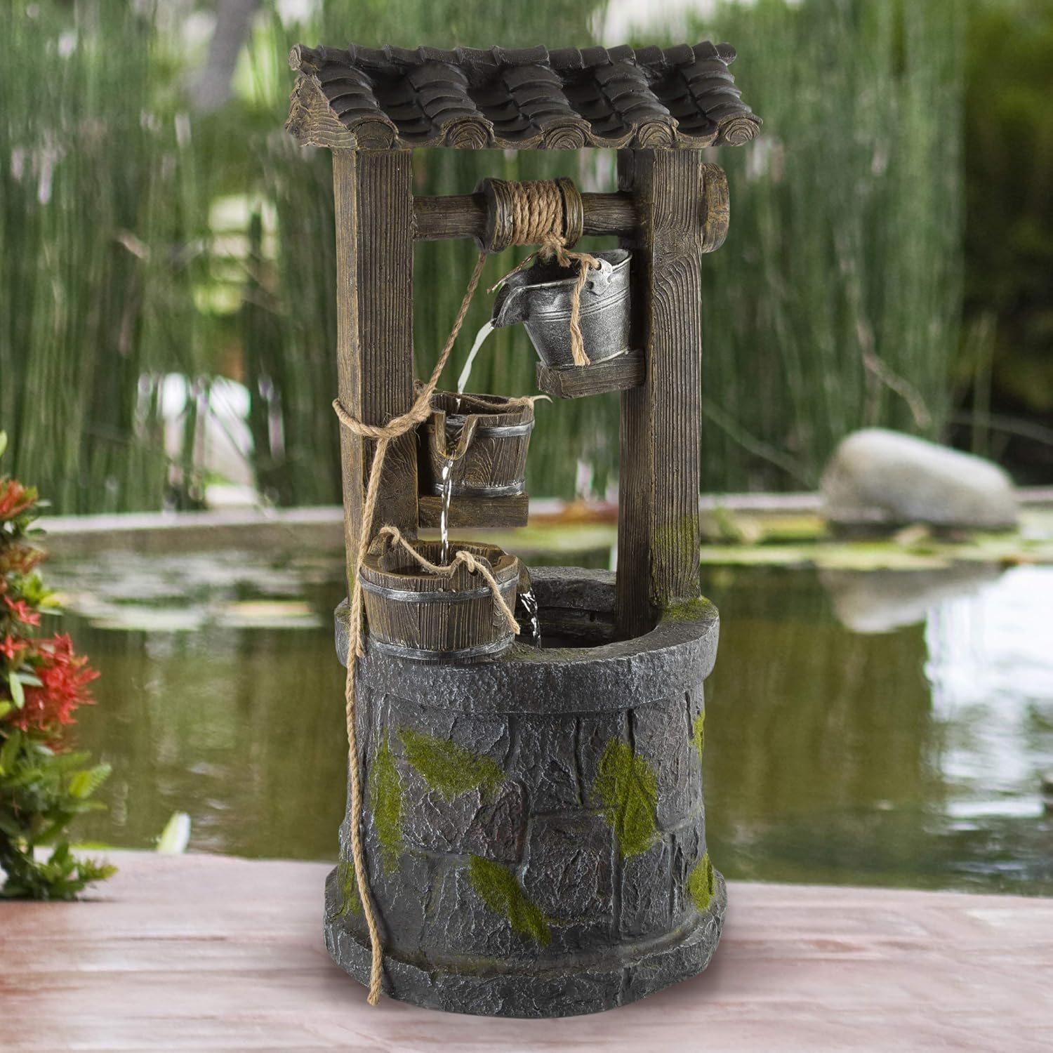 Pure Garden 50-LG1215 Wishing Well Fountain-4-Tier Polyresin Cascading Waterfall, Silver
