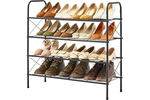 Tajsoon 4-Tier Freestanding Shoe Rack Organizer, Adjustable & Expandable Shoe Storage Shelf for Entryway, Metal Wire Grid with X Shape Fixed Frame, Black