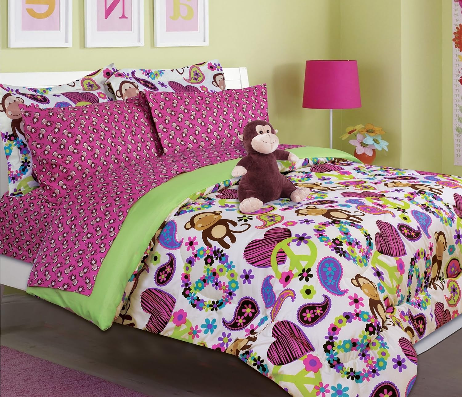 Pink Green White Purple Brown Girls Kids Monkey Twin Bed In A Bag Set