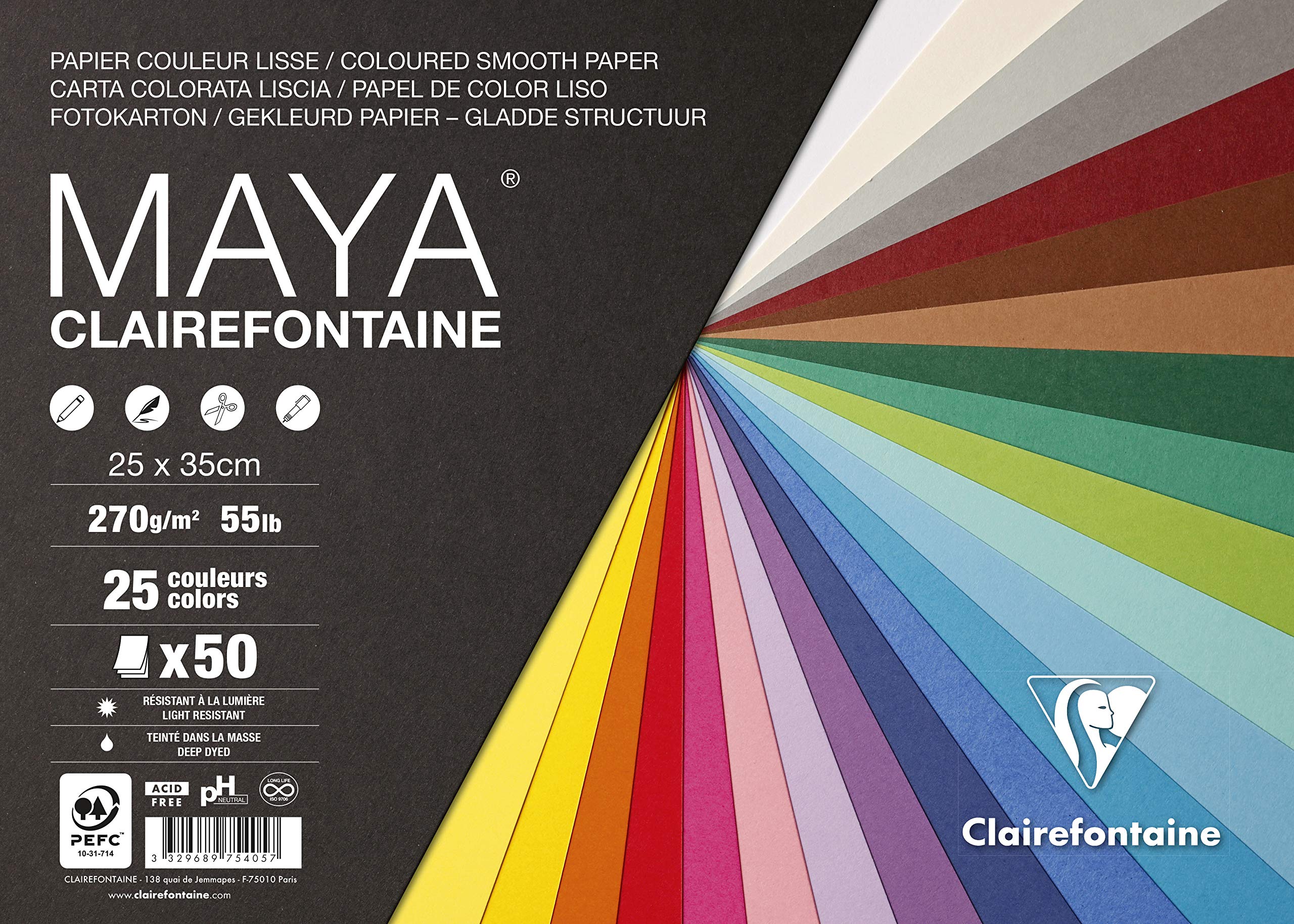 Clairefontaine - Ref 975405C - Maya Coloured Drawing Paper (Pack of 50 Sheets) - 270gsm Paper - 25 x 35cm -Assorted Colour - Deep Dyed, Acid Free, pH Neutral