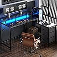 Huuger Reversible L Shaped Computer Desk with Drawers, Gaming Desk with LED Lights and Power Outlets, Office Desk with Storage Shelves, for Home & Office, Black