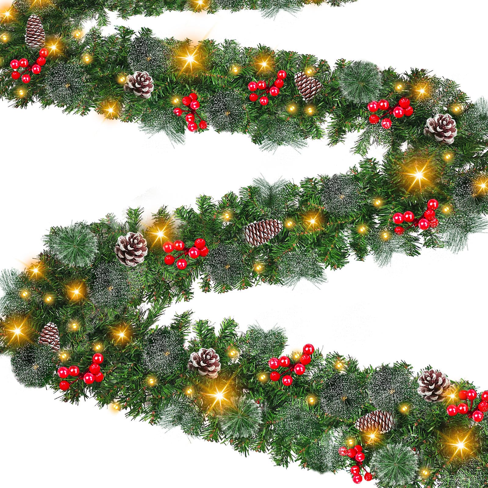 Photo 1 of 9 Foot by 10 Inch Christmas Garland - 50 LED Lights, Battery Operated Lighted Garland Wreath with Pine Cones Red Berries Lush Branches, Prelit Garland Xmas Decoration Indoor Outdoor Home Holiday