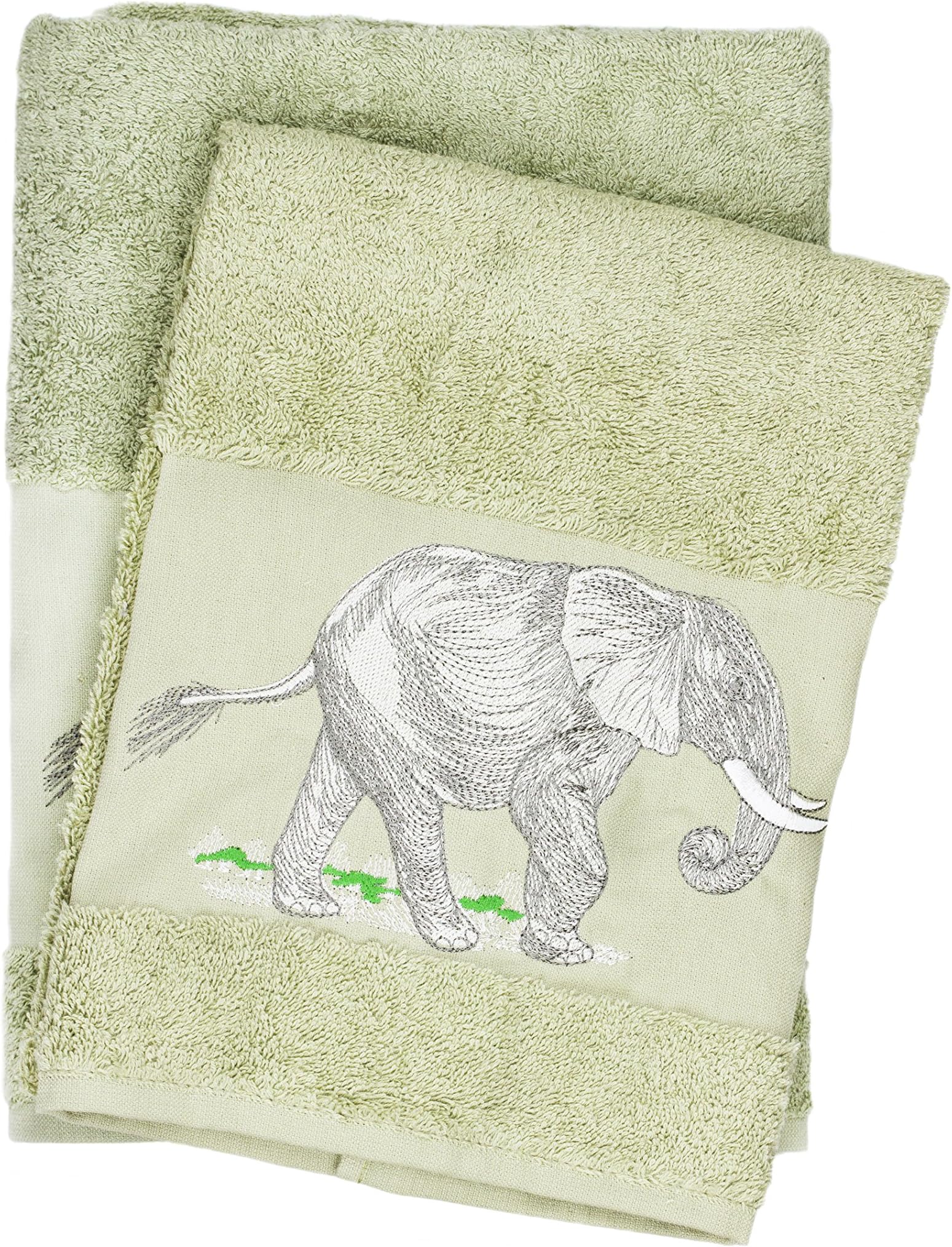 Luxury Elephant Embroidered Bath and Hand Towel 100% Cotton Bathroom Set & Gift By Ebru (Green)