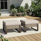 Joyside Outdoor Patio, All-Weather PE Rattan Ottomans Footstools with Removable Cushions &amp; Anti-Rust Wood-Looking Legs for Garden, Backyard, Porch, Deck (Beige)