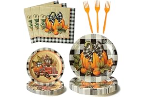 G1ngtar 96Pcs Fall Pumpkin Party Plates Supplies - Thanksgiving Black Buffalo Plaid Pumpkin Leaves Tableware Retro Autumn Harvest Decoration Disposable Paper Plate Napkin Fork for Birthday, Serves 24
