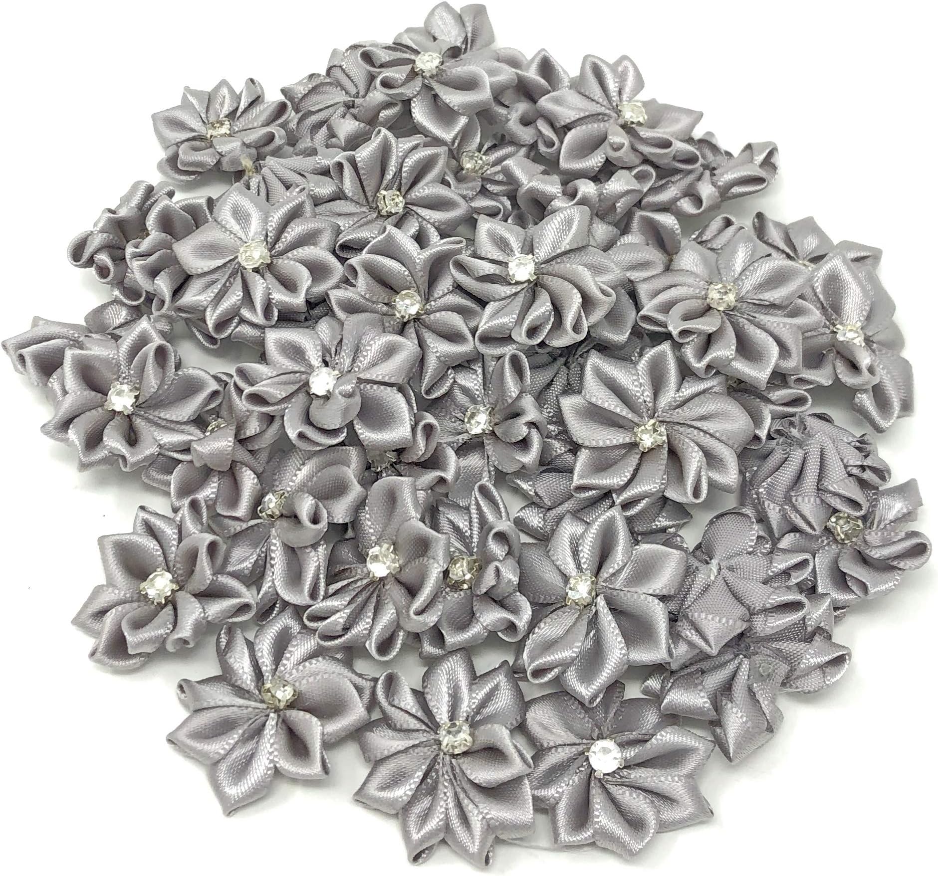 Wedding Touches Grey 25mm Satin Ribbon Flowers with Rhinestone Diamante Centre, Craft Flowers (50)