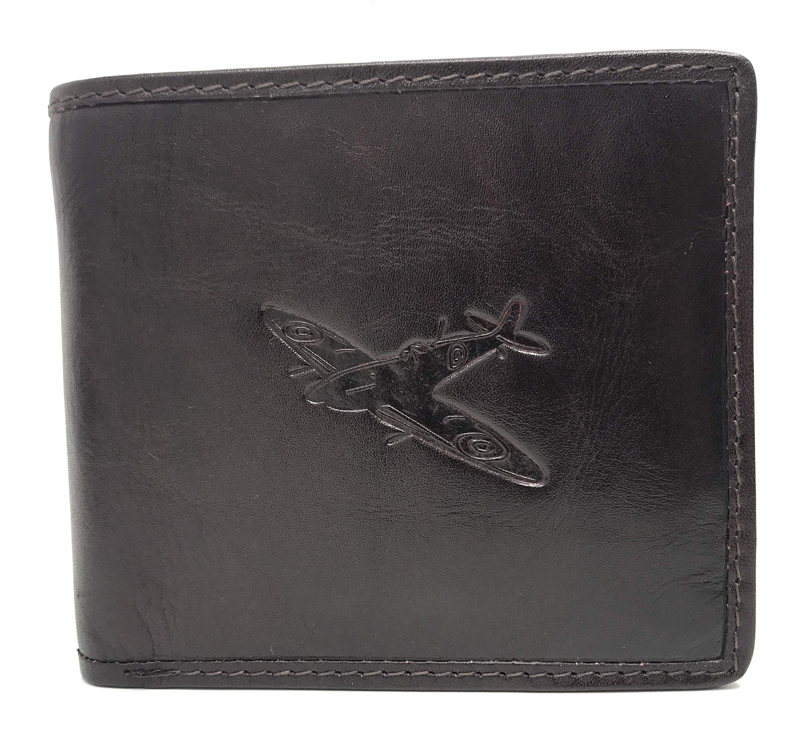 Luxury Engraved Leather Mens Wallet with Embossed Spitfire Image Card Holder with Islay Tweed Finish in Black or Brown (Brown)